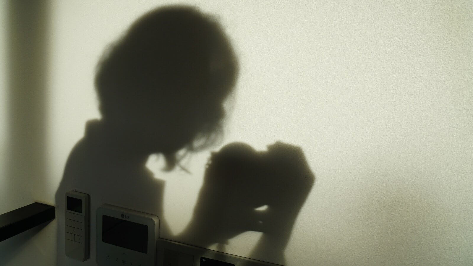 a shadow of a woman holding a cell phone